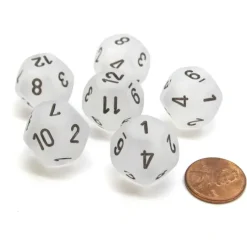Dice-Frosted 18mm 12 Sided D12 Chessex Dice, 6 Pieces - Clear with Black - Your Source for Gaming Essentials