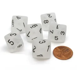 Dice-Frosted 15mm 8 Sided D8 Chessex Dice, 6 Pieces - Clear with Black - Your Source for Gaming Essentials