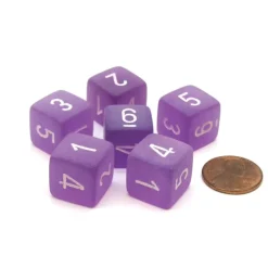 Dice-Frosted 15mm 6 Sided D6 Chessex Dice, 6 Pieces - Purple with White Numbers - Your Source for Gaming Essentials