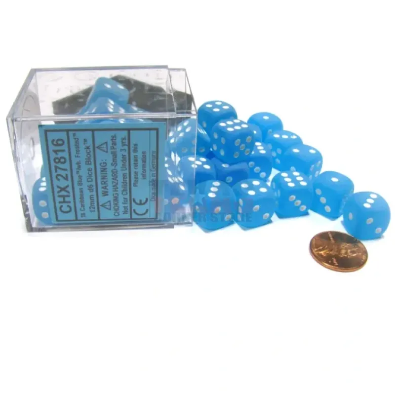 Dice-Frosted 12mm D6 Chessex Dice Block (36 Dice) - Caribbean Blue with White Pips - Your Source for Gaming Essentials