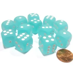 Dice-Frosted 16mm D6 Chessex Dice Block (12 Dice) - Teal with White Pips - Your Source for Gaming Essentials