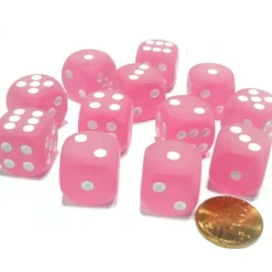 Dice-Frosted 16mm D6 Chessex Dice Block (12 Dice) - Pink with White Pips - Your Source for Gaming Essentials