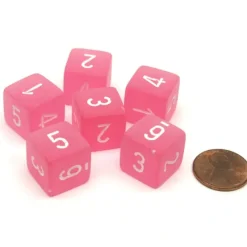 Dice-Frosted 15mm D6 Polyhedral Chessex Dice, 6 Pieces - Pink with White Numbers - Your Source for Gaming Essentials