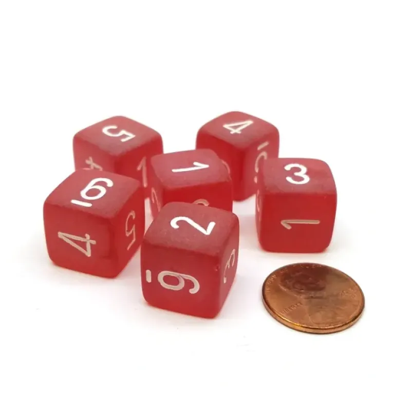 Dice-Frosted 15mm D6 Polyhedral Chessex Dice, 6 Pieces - Red with White Numbers - Your Source for Gaming Essentials