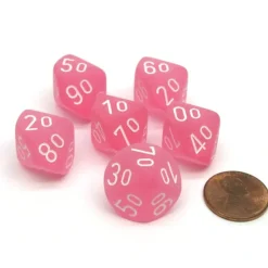 Dice-Frosted 16mm Tens D10 (00-90) Chessex Dice, 6 Pieces - Pink with White Numbers - Your Source for Gaming Essentials
