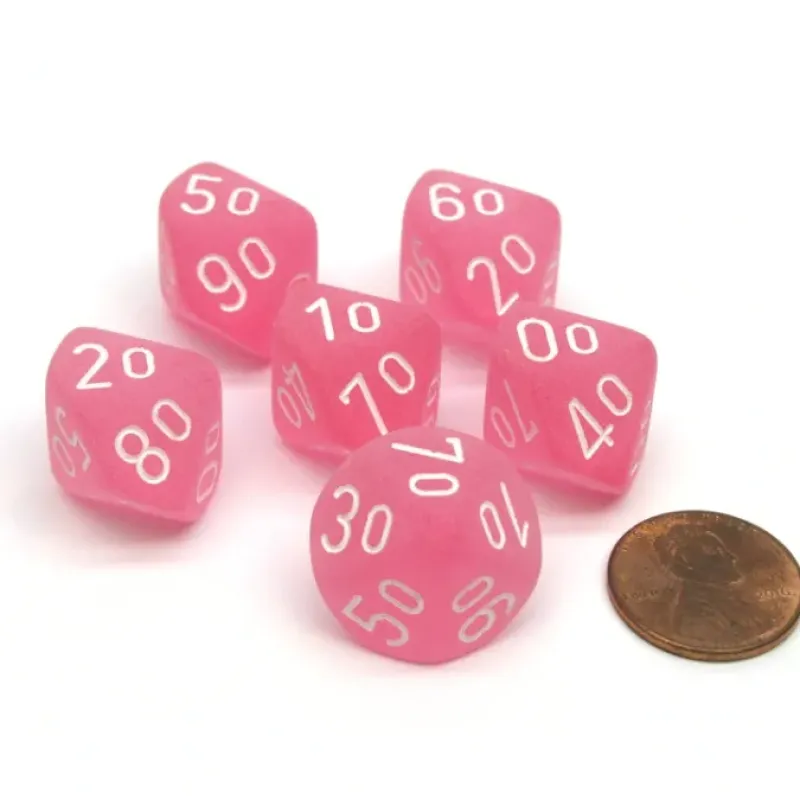 Dice-Frosted 16mm Tens D10 (00-90) Chessex Dice, 6 Pieces - Pink with White Numbers - Your Source for Gaming Essentials