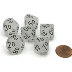 Dice-Frosted 16mm Tens D10 (00-90) Chessex Dice, 6 Pieces - Clear with Black Numbers - Your Source for Gaming Essentials