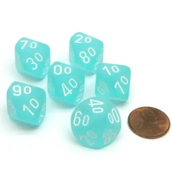 Dice-Frosted 16mm Tens D10 (00-90) Chessex Dice, 6 Pieces - Teal with White Numbers - Your Source for Gaming Essentials
