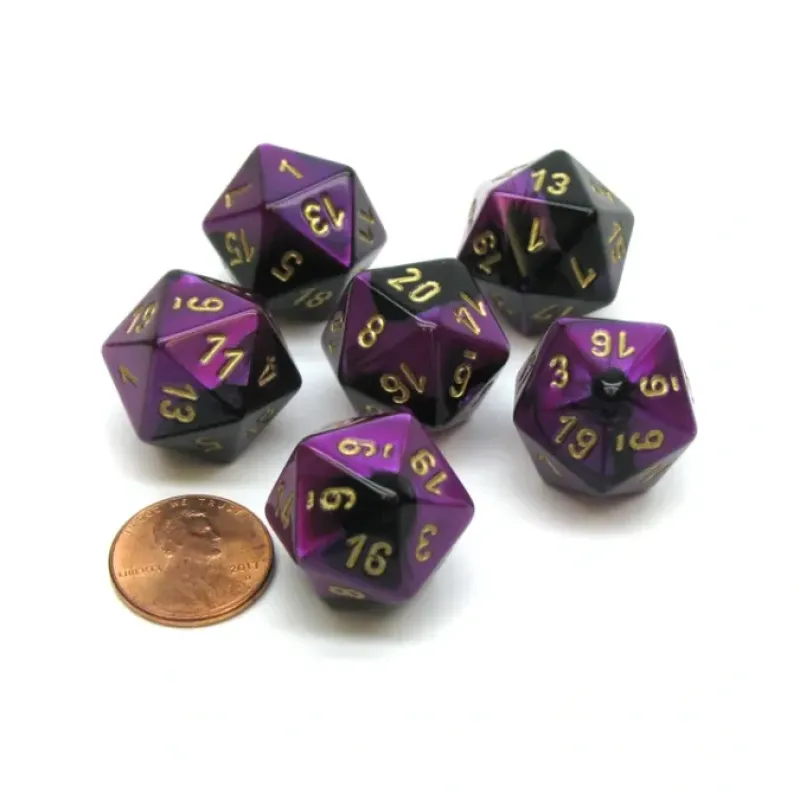 Dice>Gemini 20 Sided D20 Chessex Dice, 6 Pieces - Black-Purple with Gold Numbers - Your Source for Gaming Essentials