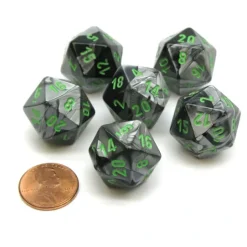 Dice>Gemini 20 Sided D20 Chessex Dice, 6 Pieces - Black-Grey with Green Numbers - Your Source for Gaming Essentials
