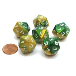 Dice>Gemini 20 Sided D20 Chessex Dice, 6 Pieces - Gold-Green with White Numbers - Your Source for Gaming Essentials