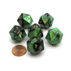 Dice>Gemini 20 Sided D20 Chessex Dice, 6 Pieces - Black-Green with Gold Numbers - Your Source for Gaming Essentials