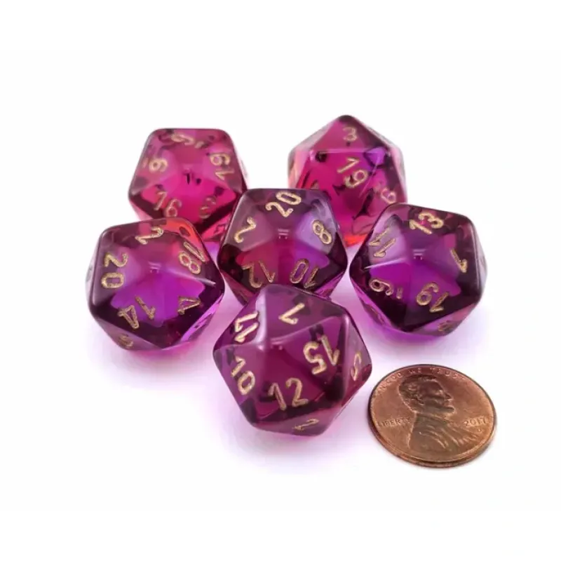 Dice>Gemini 20 Sided D20 Dice, 6 Pieces - Translucent Red-Violet with Gold Numbers - Your Source for Gaming Essentials