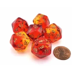 Dice>Gemini 20 Sided D20 Dice, 6 Pieces - Translucent Red-Yellow with Gold Numbers - Your Source for Gaming Essentials