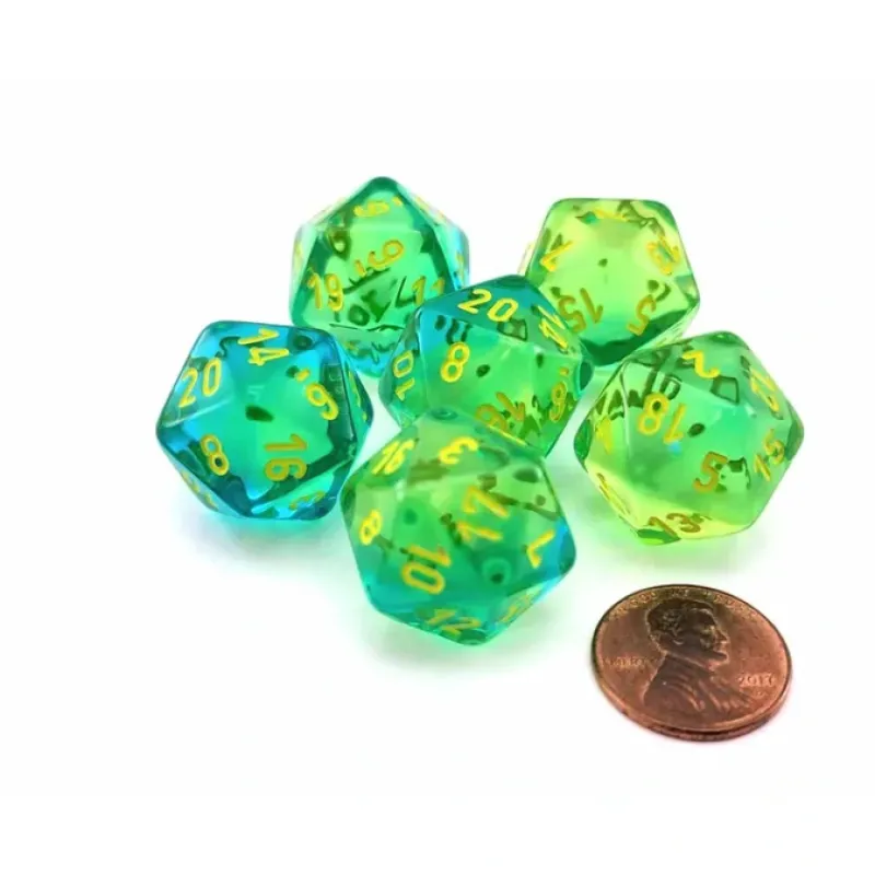 Dice>Gemini 20 Sided D20 Dice, 6 Pieces - Translucent Green-Teal with Yellow Numbers - Your Source for Gaming Essentials
