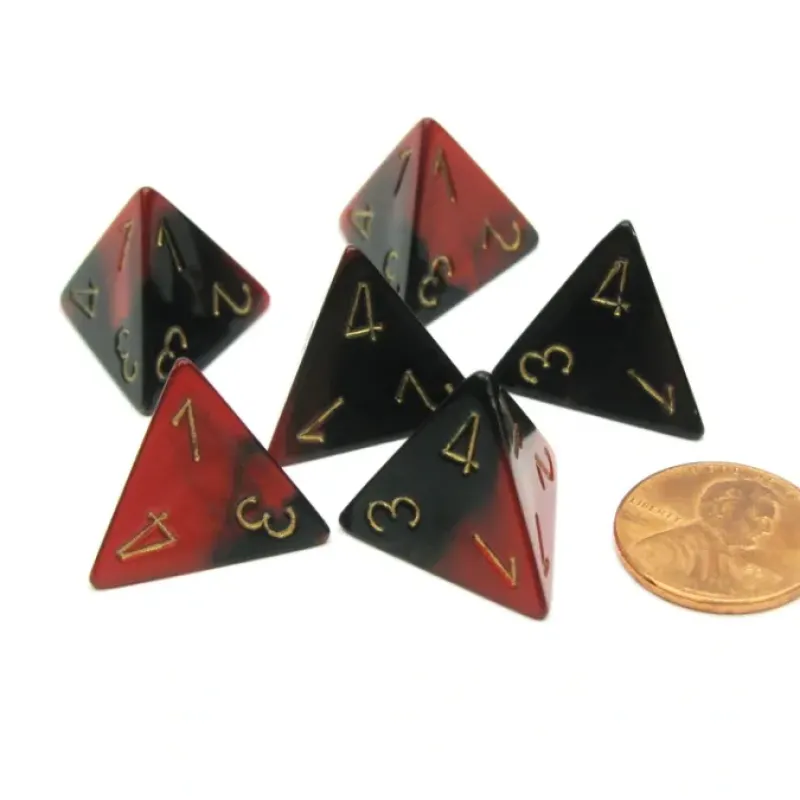 Dice>Gemini 18mm 4 Sided D4 Chessex Dice, 6 Pieces - Black-Red with Gold - Your Source for Gaming Essentials