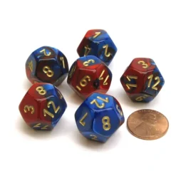 Dice>Gemini 18mm 12 Sided D12 Chessex Dice, 6 Pieces - Blue-Red with Gold - Your Source for Gaming Essentials
