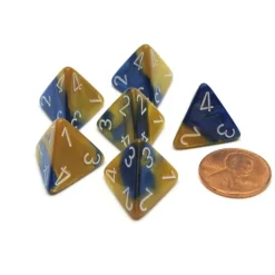 Dice>Gemini 18mm 4 Sided D4 Chessex Dice, 6 Pieces - Blue-Gold with White - Your Source for Gaming Essentials