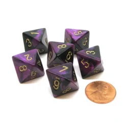 Dice-Gemini 15mm 8 Sided D8 Chessex Dice, 6 Pieces - Black-Purple with Gold - Your Source for Gaming Essentials