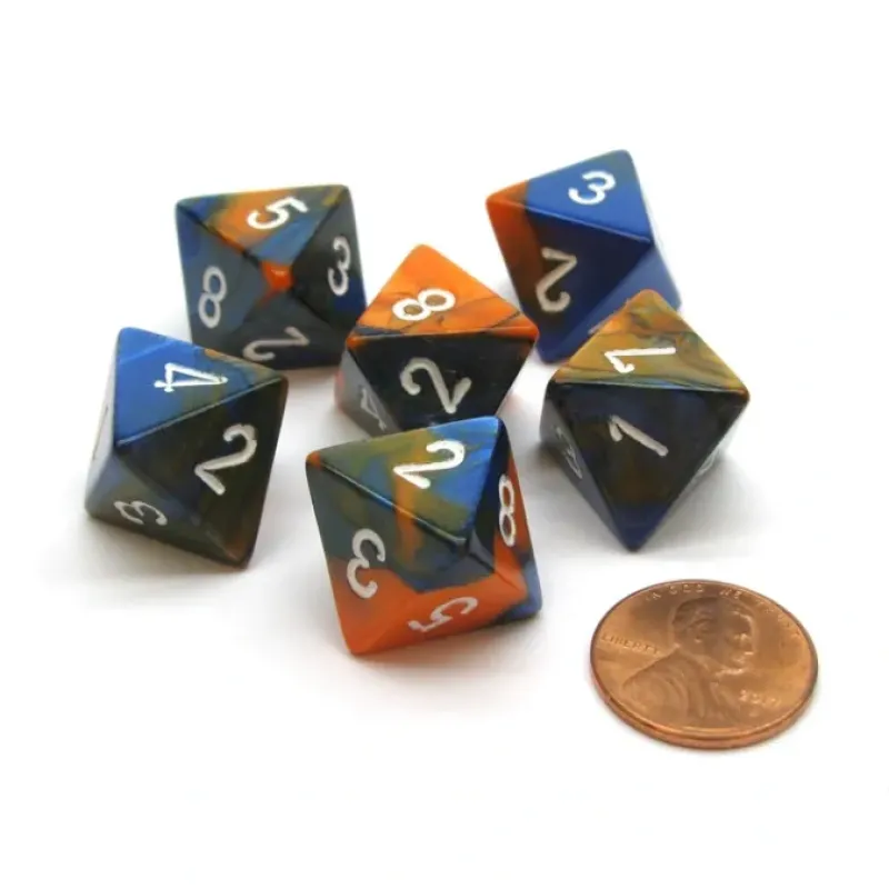Dice-Gemini 15mm 8 Sided D8 Chessex Dice, 6 Pieces - Blue-Orange with White - Your Source for Gaming Essentials