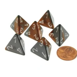 Dice>Gemini 18mm 4 Sided D4 Chessex Dice, 6 Pieces - Copper-Steel with White - Your Source for Gaming Essentials