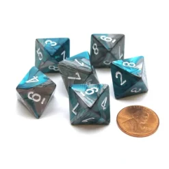 Dice-Gemini 15mm 8 Sided D8 Chessex Dice, 6 Pieces - Steel-Teal with White - Your Source for Gaming Essentials