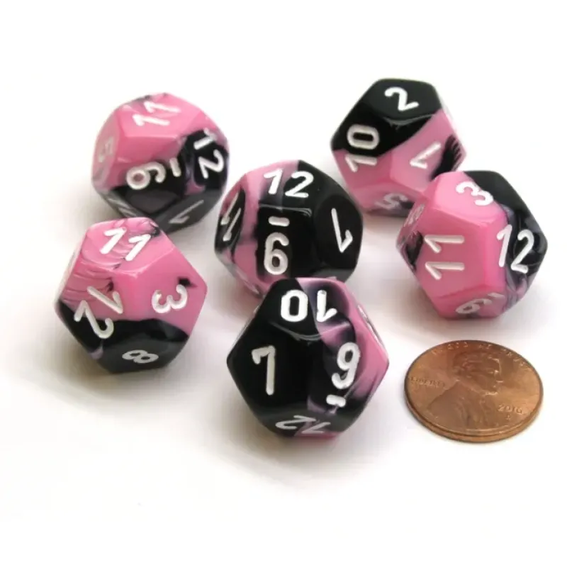 Dice>Gemini 18mm 12 Sided D12 Chessex Dice, 6 Pieces - Black-Pink with White - Your Source for Gaming Essentials