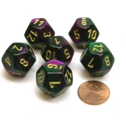 Dice>Gemini 18mm 12 Sided D12 Chessex Dice, 6 Pieces - Green-Purple with Gold - Your Source for Gaming Essentials