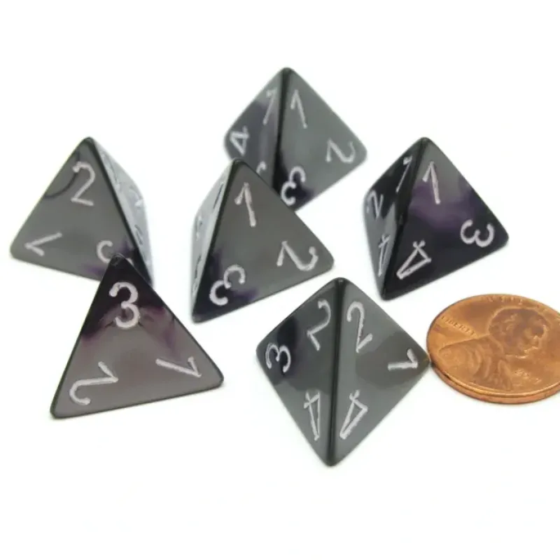 Dice>Gemini 18mm 4 Sided D4 Chessex Dice, 6 Pieces - Purple-Steel with White - Your Source for Gaming Essentials