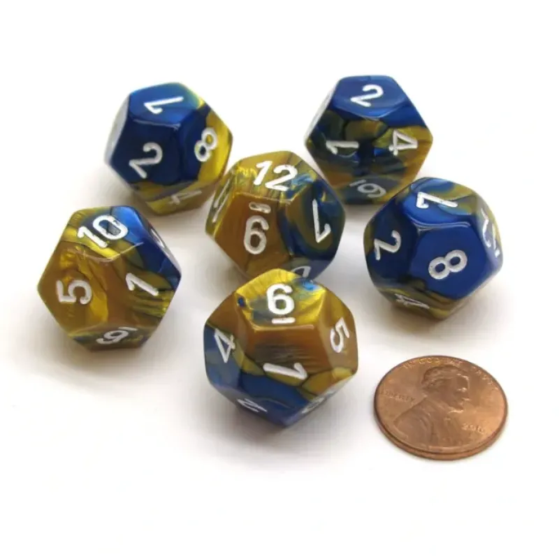 Dice>Gemini 18mm 12 Sided D12 Chessex Dice, 6 Pieces - Blue-Gold with White - Your Source for Gaming Essentials