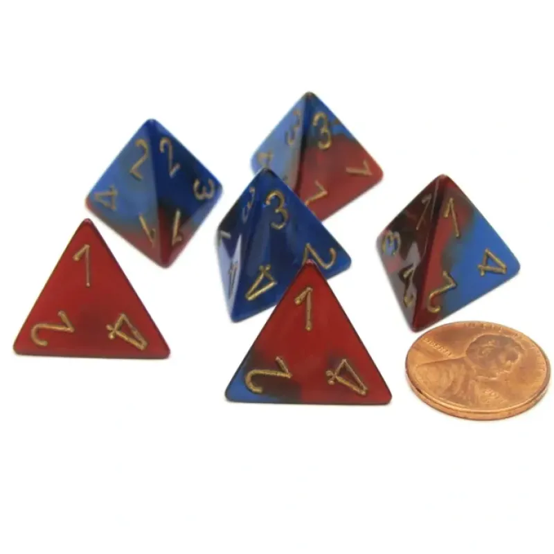 Dice>Gemini 18mm 4 Sided D4 Chessex Dice, 6 Pieces - Blue-Red with Gold - Your Source for Gaming Essentials