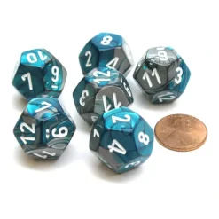 Dice>Gemini 18mm 12 Sided D12 Chessex Dice, 6 Pieces - Steel-Teal with White - Your Source for Gaming Essentials