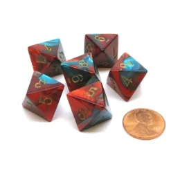 Dice-Gemini 15mm 8 Sided D8 Chessex Dice, 6 Pieces - Red-Teal with Gold - Your Source for Gaming Essentials