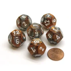 Dice>Gemini 18mm 12 Sided D12 Chessex Dice, 6 Pieces - Copper-Steel with White - Your Source for Gaming Essentials