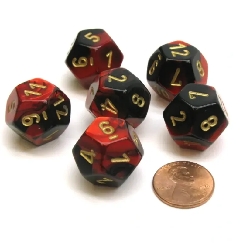 Dice>Gemini 18mm 12 Sided D12 Chessex Dice, 6 Pieces - Black-Red with Gold - Your Source for Gaming Essentials