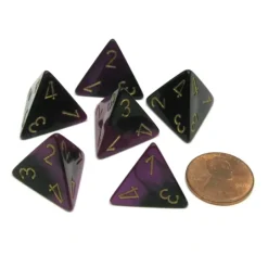 Dice>Gemini 18mm 4 Sided D4 Chessex Dice, 6 Pieces - Black-Purple with Gold Numbers - Your Source for Gaming Essentials