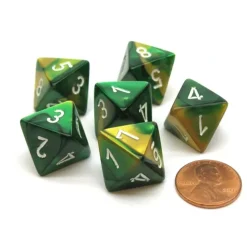 Dice-Gemini 15mm 8 Sided D8 Chessex Dice, 6 Pieces - Gold-Green with White - Your Source for Gaming Essentials