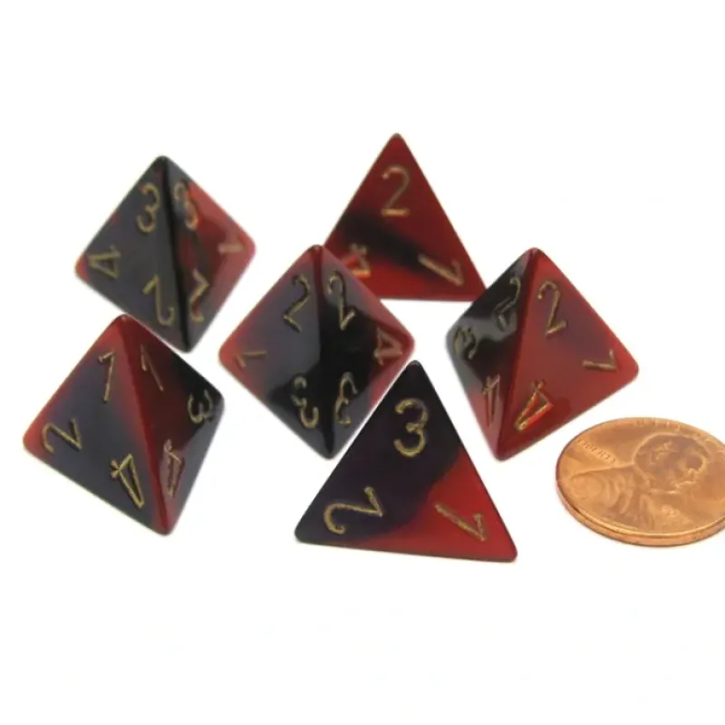 Dice>Gemini 18mm 4 Sided D4 Chessex Dice, 6 Pieces - Purple-Red with Gold - Your Source for Gaming Essentials