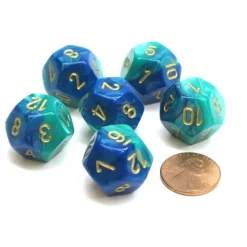 Dice>Gemini 18mm 12 Sided D12 Chessex Dice, 6 Pieces - Blue-Teal with Gold - Your Source for Gaming Essentials