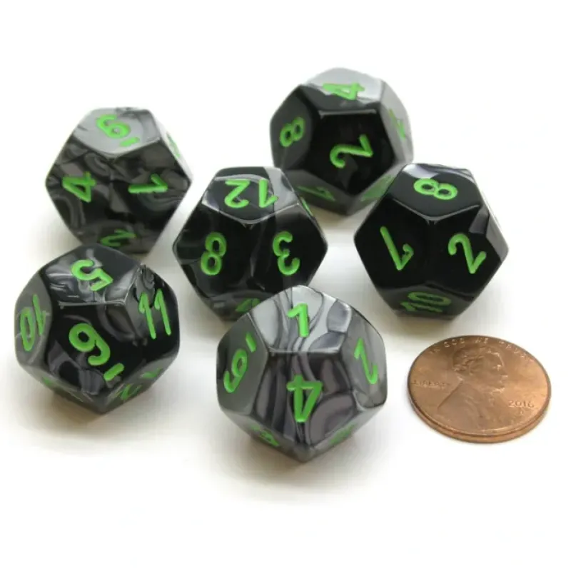 Dice>Gemini 18mm 12 Sided D12 Chessex Dice, 6 Pieces - Black-Grey with Green - Your Source for Gaming Essentials