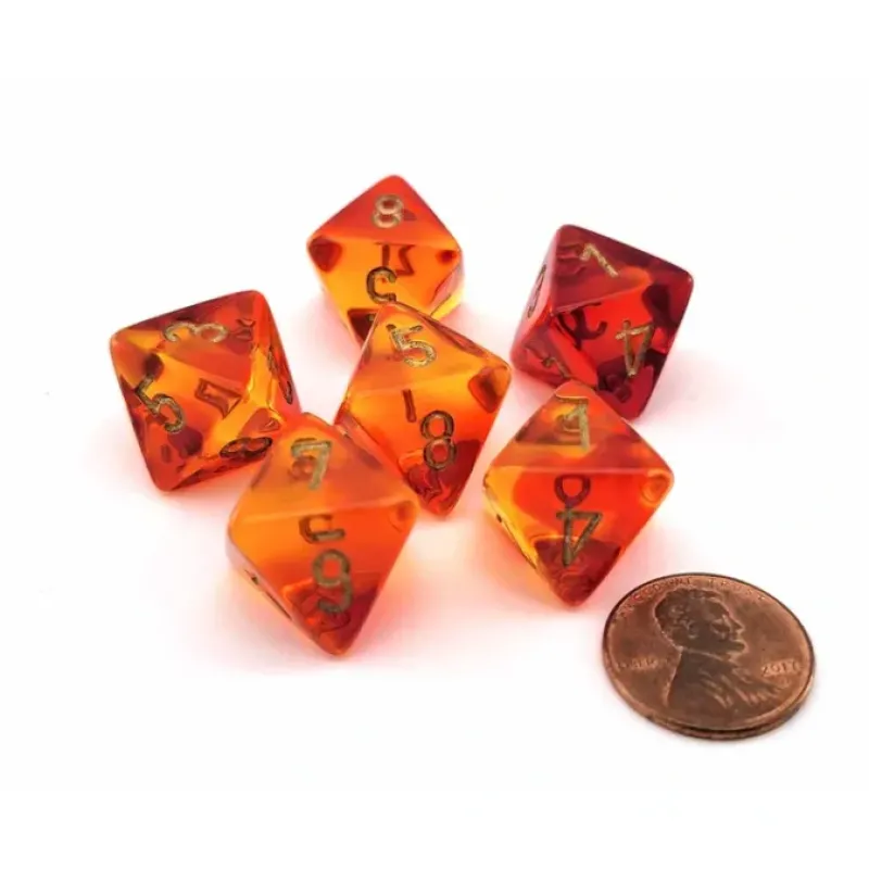 Dice-Gemini 15mm 8 Sided D8 Dice, 6 Pieces - Translucent Red-Yellow with Gold - Your Source for Gaming Essentials