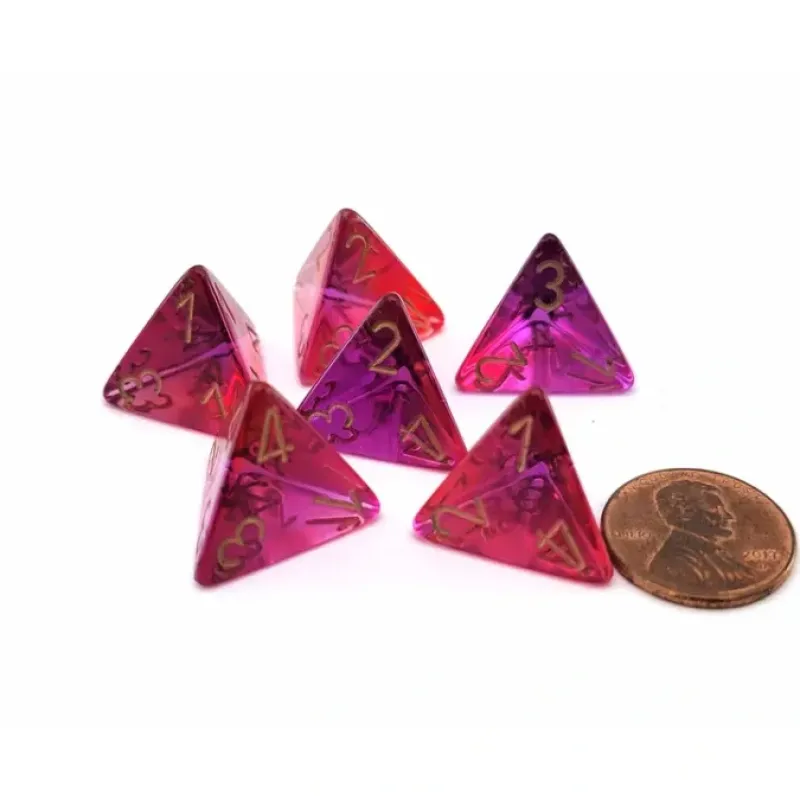 Dice>Gemini 18mm 4 Sided D4 Dice, 6 Pieces - Translucent Red-Violet with Gold - Your Source for Gaming Essentials