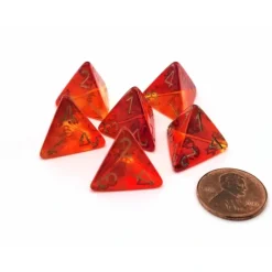 Dice>Gemini 18mm 4 Sided D4 Dice, 6 Pieces - Translucent Red-Yellow with Gold - Your Source for Gaming Essentials