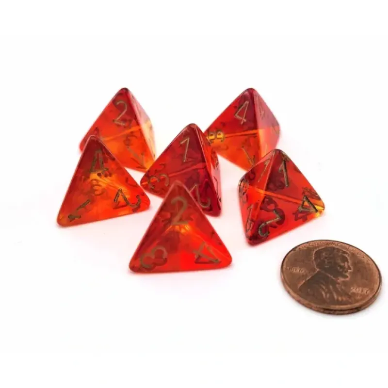 Dice>Gemini 18mm 4 Sided D4 Dice, 6 Pieces - Translucent Red-Yellow with Gold - Your Source for Gaming Essentials