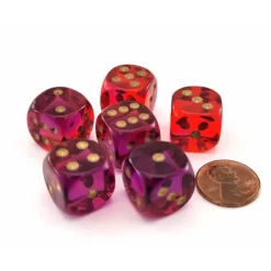 Dice-Gemini 16mm 6 Sided D6 Dice, 6 Pieces - Translucent Red-Violet with Gold Numbers - Your Source for Gaming Essentials