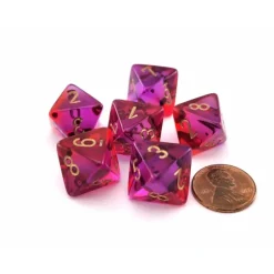 Dice-Gemini 15mm 8 Sided D8 Dice, 6 Pieces - Translucent Red-Violet with Gold - Your Source for Gaming Essentials
