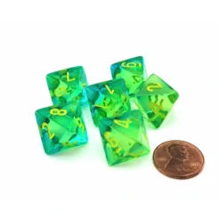 Dice-Gemini 15mm 8 Sided D8 Dice, 6 Pieces - Translucent Green-Teal with Yellow - Your Source for Gaming Essentials