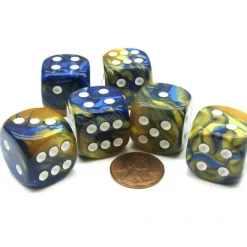 Dice>Gemini 20mm Big D6 Chessex Dice, 6 Pieces - Blue-Gold with White Pips - Your Source for Gaming Essentials