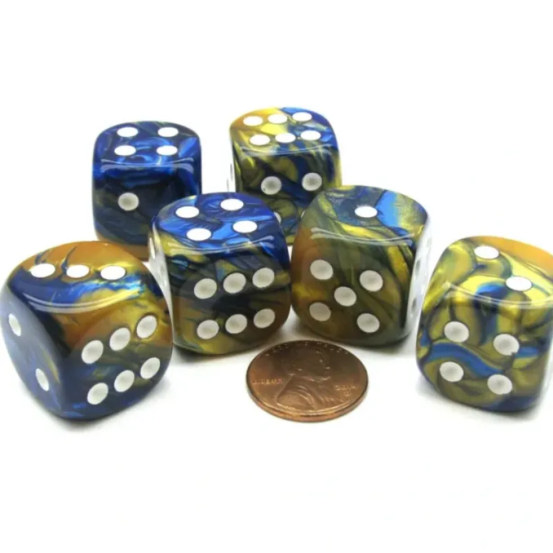 Dice>Gemini 20mm Big D6 Chessex Dice, 6 Pieces - Blue-Gold with White Pips - Your Source for Gaming Essentials