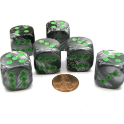 Dice>Gemini 20mm Big D6 Chessex Dice, 6 Pieces - Black-Grey with Green Pips - Your Source for Gaming Essentials